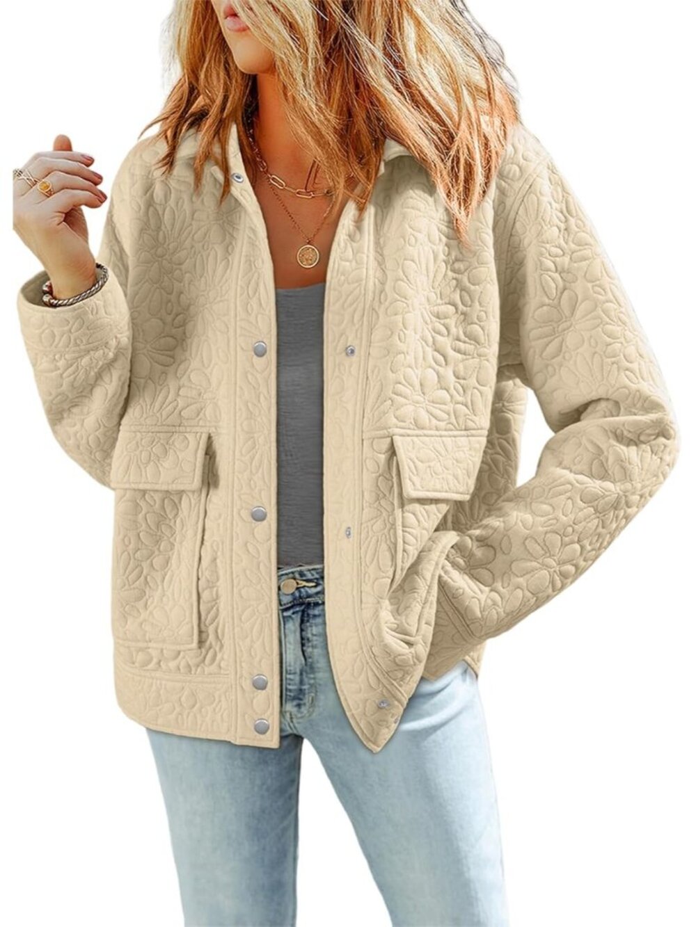 〽️Women Beige Casual Warm Winter Long Sleeve Jacquard Turn Down Collared Shacket